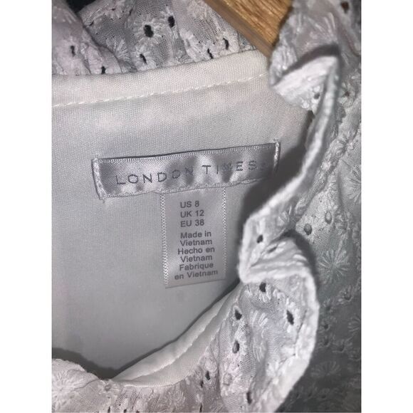 London Times White Eyelet Ruffled Neck and Armhole Mini Dress with Waist Tie - Picture 8 of 12